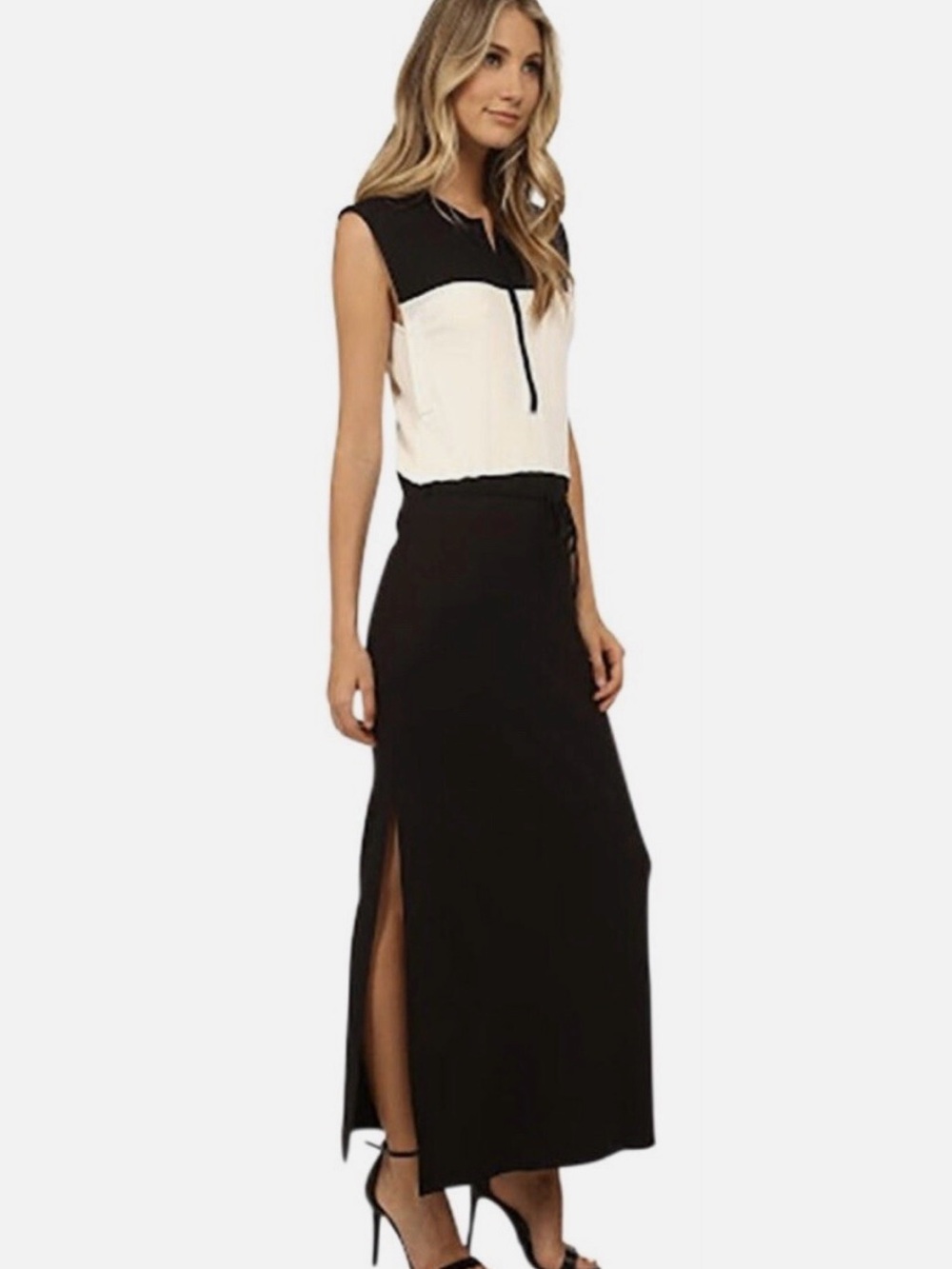 G-Star Black and Cream Colorblock Maxi Dress with Side Slit